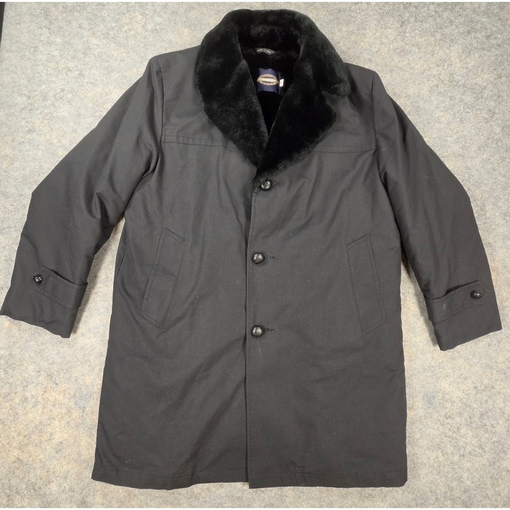 Towncraft Vintage Mens Black Faux Fur Collar Overcoat Car Coat Made in USA 38S